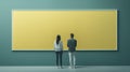 The young couple stands next to a big blank screen created with Generative AI technology