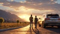 Young couple stands next to their cars, surrounded by the enchanting beauty of golden fields and majestic mountains.