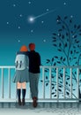 Young couple is stargazing. Vector illustration decorative background design