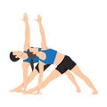 Young couple stretching bending to one side. Couple doing stretching exercise, extended triangle pose, utthita trikonasana Royalty Free Stock Photo