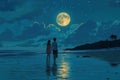A young couple strollers along a serene beach, the bright full moon casting a reflection Royalty Free Stock Photo