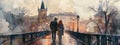 Young couple strolling hand in hand on a romantic European city bridge on foggy day.