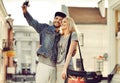 Young couple taking self portrait photo at old camera Royalty Free Stock Photo