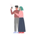 Young Couple Taking Selfie with Smartphone, Friends Spending Time Together and Photographing Cartoon Style Vector