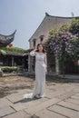 Young couple taking wedding photos in scenic area