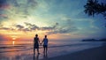 Young couple on their honeymoon standing on Sea beach at amazing sunset. Royalty Free Stock Photo