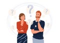 Young couple think about problem. Question symbol. Troubled woman and man thinking together. Vector illustration in
