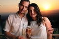 Young couple toast looking ahead at sunset