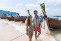 Young Couple Tourist Long Tail Thailand Boat Port Ocean Sea Vacation Travel Trip Royalty Free Stock Photo