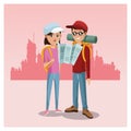 Young couple tourist map rucksack cap traveler urban background