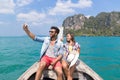 Young Couple Tourist Sail Long Tail Thailand Boat Take Selfie Photo Ocean Sea Vacation Travel Trip Royalty Free Stock Photo