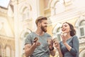 Young couple tourists city walk together vacation Royalty Free Stock Photo