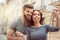 Young couple tourists city walk together vacation Royalty Free Stock Photo