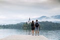 Young couple of tourists in love on the Lake Bled, Slovenia. Royalty Free Stock Photo