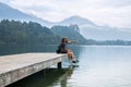 Young couple of tourists in love on the Lake Bled, Slovenia. Royalty Free Stock Photo