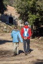 Young couple tourists trekking on the Spanish mountain Montseny