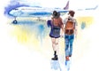 Young couple travelers going to airplane. Tourists passagers walking in to aircraft at airport Royalty Free Stock Photo