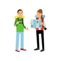 Young couple traveling with hiking backpacks on shoulders. Girl looking at map. Adventure and outdoor recreation concept Royalty Free Stock Photo