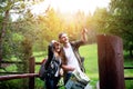 Young couple traveling in a nature. Happy people. Travel lifestyle Royalty Free Stock Photo