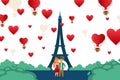 Young couple traveling in paris, europe vector illustration. Character guy and girl standing in love city center near