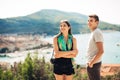 Young couple travelling and visiting Europe.Summer touring Europe and Mediterranean culture.Colourful streets,cityscape Royalty Free Stock Photo