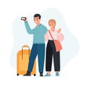 Young couple travels with luggage and making selfie on smartphone