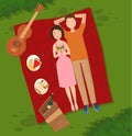 Young couple two people woman and man lie on the grass vector illustration of summer picnik top view of couple in love Royalty Free Stock Photo