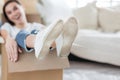 Young couple unpacking boxes in new apartment Royalty Free Stock Photo