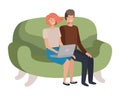 Young couple using laptop in the sofa avatar character