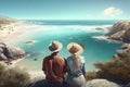 A young couple on vacation enjoys the view the blue sea from the height of a cliff, AI illustration