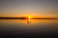 Young couple is walking away in the water on summer beach. Sunset over the sea.Two silhouettes against the sun. Just married Royalty Free Stock Photo