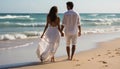 Young couple walking on the beach, enjoying love and romance generated by AI Royalty Free Stock Photo