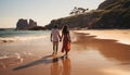 Young couple walking on the beach, holding hands, enjoying nature generated by AI Royalty Free Stock Photo