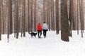 Young couple walking a dog in the winter forest, the dog wants to play Royalty Free Stock Photo