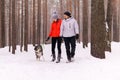 Young couple walking a dog in the winter forest, the dog wants to play Royalty Free Stock Photo