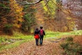 Young couple walking on a forest path in autumn.