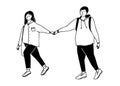 Young couple walking. Girl pull on guy by hand. Funny dating illustration. Simple vector black and white drawing.