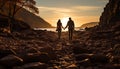 Young couple walking, holding hands, embracing, enjoying sunset together generated by AI