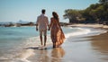 Young couple walking on sand, holding hands, enjoying summer sunset generated by AI Royalty Free Stock Photo