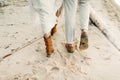 A young couple is walking on the sea coastline. Close-up image of legs. Artwork Royalty Free Stock Photo