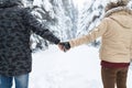 Young Couple Walking In Snow Forest Outdoor Man And Woman Holding Hands Back View Royalty Free Stock Photo