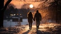 Young couple walking in winter park at sunset. Love and romance Royalty Free Stock Photo