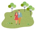 Young couple walks in the park embracing. Girl in red dress. Love and relationship. Green spaces Royalty Free Stock Photo