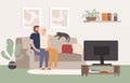 Young couple watch tv together. Happy man and woman sitting on couch and watching television show. Movie night vector Royalty Free Stock Photo