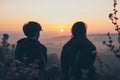 young couple watching sunrise from an undiscovered hilltop