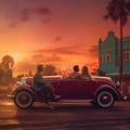 Young Couple Watching the Sunset in a Vintage Car Royalty Free Stock Photo