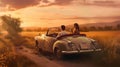 Young Couple Watching the Sunset in a Vintage Car Royalty Free Stock Photo