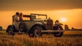 Young Couple Watching the Sunset in a Vintage Car Royalty Free Stock Photo
