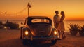 Young Couple Watching the Sunset in a Vintage Car Royalty Free Stock Photo