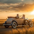 Young Couple Watching the Sunset in a Vintage Car Royalty Free Stock Photo